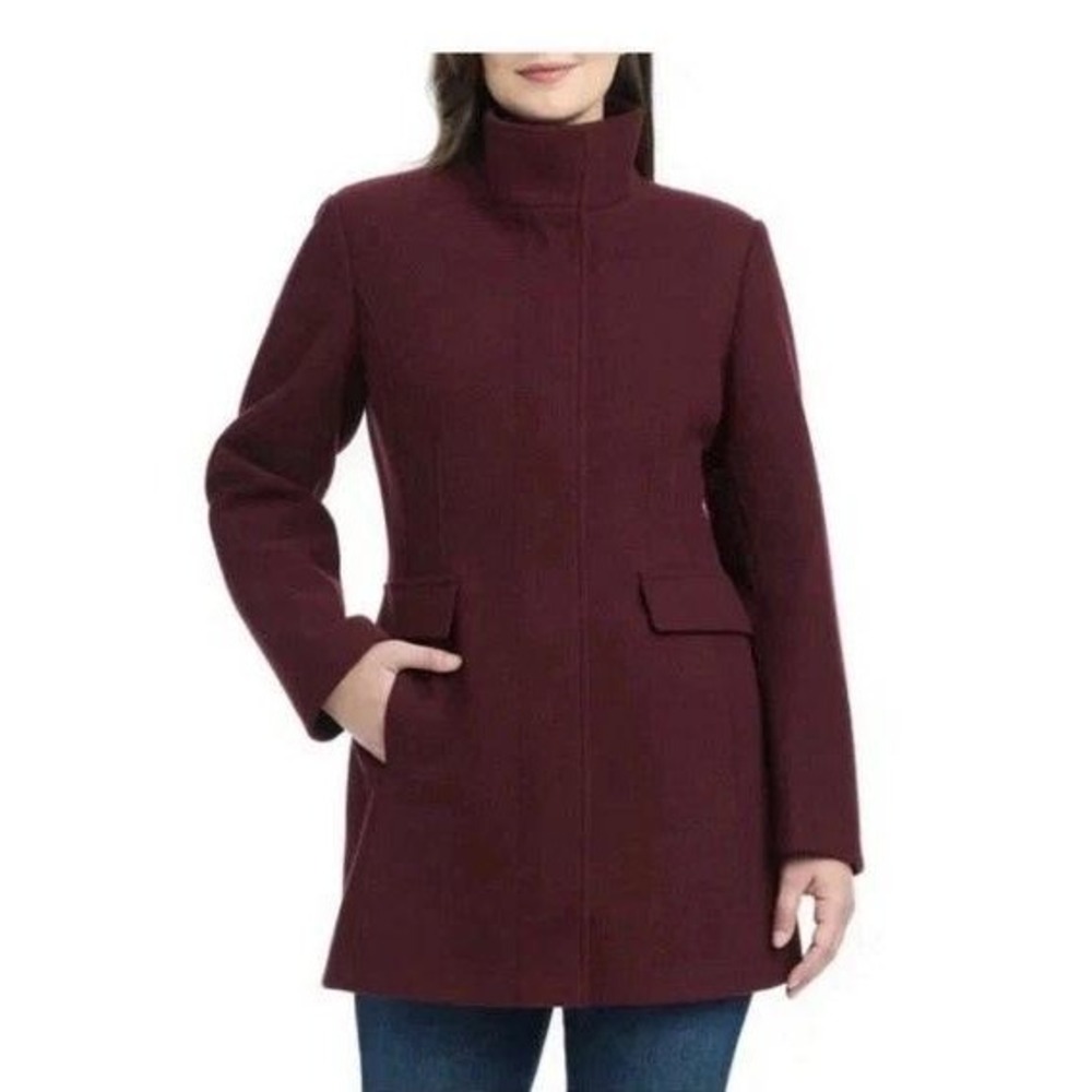 NWT Vince Camuto Women's M Funnel Neck Pea Coat Dark Red PolyesterBlend - Picture 2 of 11
